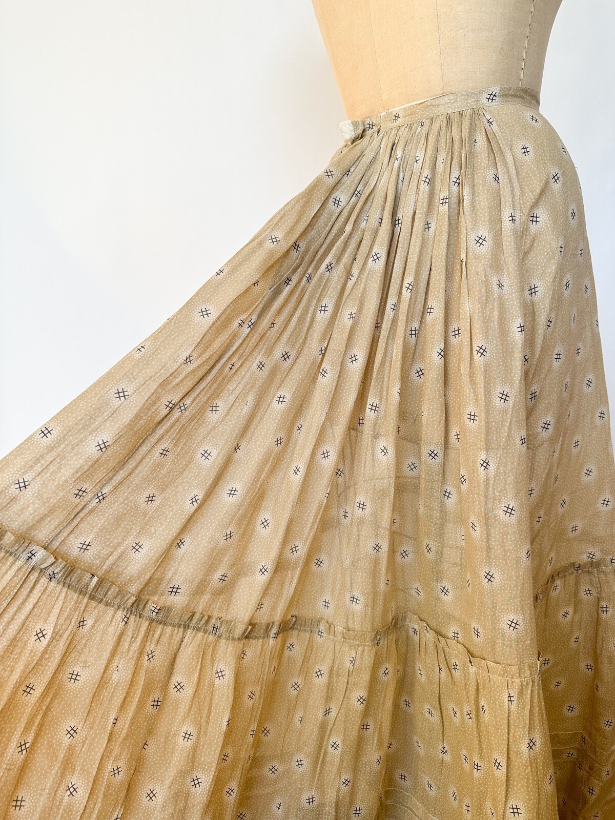 Antique 1900s Sheer Cotton Voile Lawn Hashtag Print Skirt Underskirt M