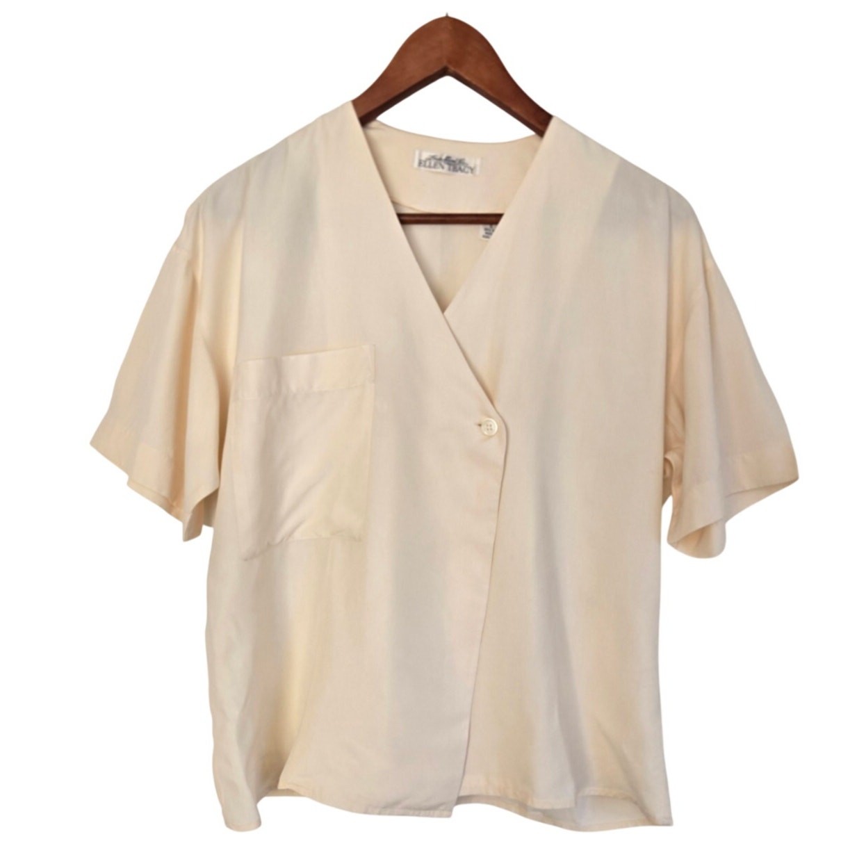 Vintage Linda Allard for Ellen Tracy Cream 100% Silk Petite Wrap Blouse Size 6P