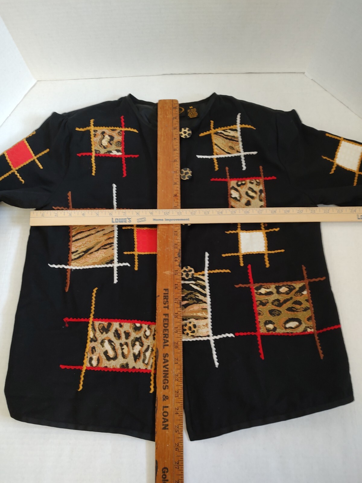 Vintage Alex Kim Patchwork Patches Jacket Medium Black Animal Print Art to Wear