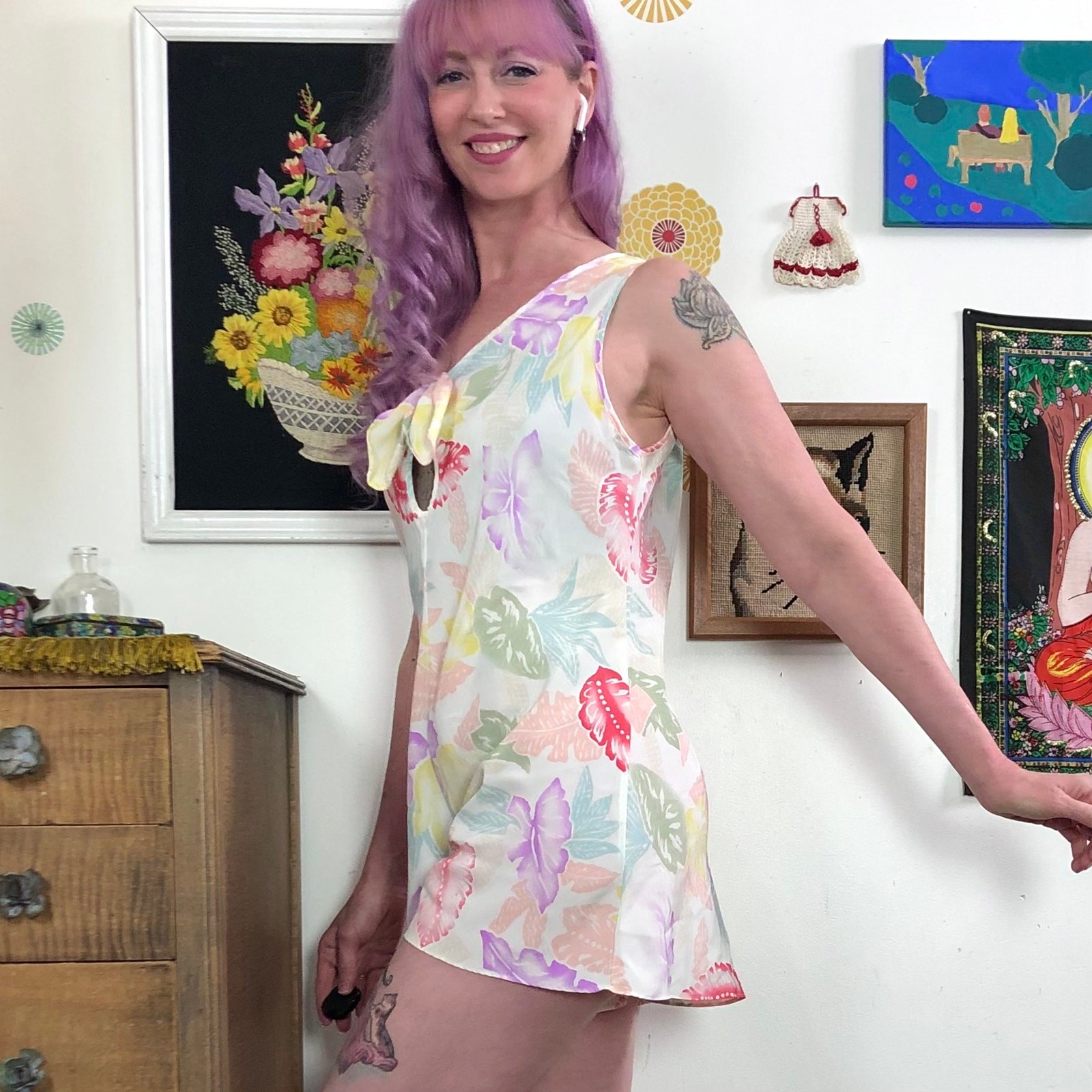 Vintage Floral Lingerie Romper, Sz M Pastel Tropical Print Step In Teddy