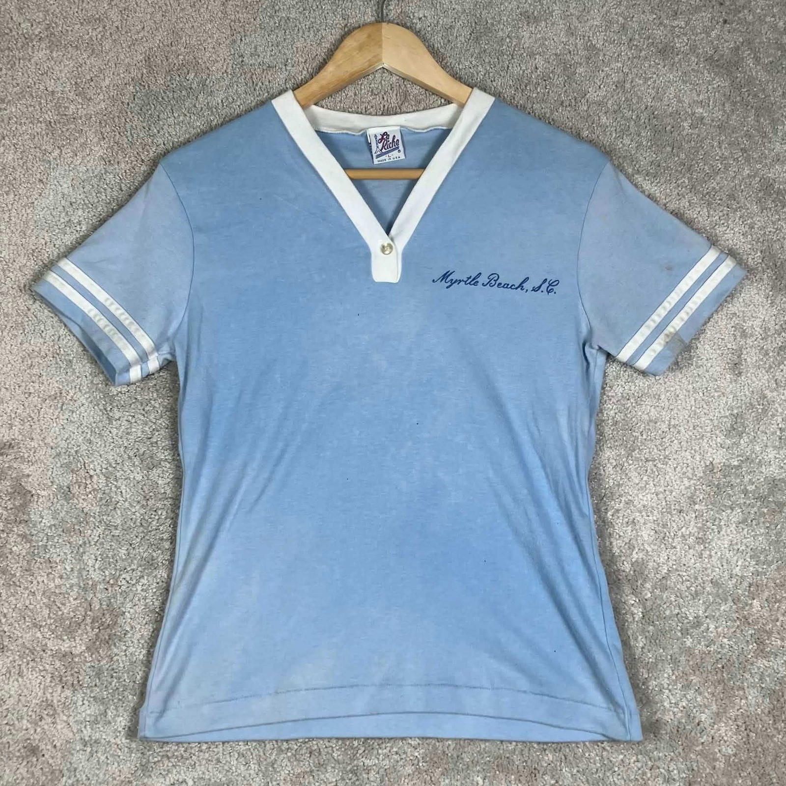 Vintage Le Riche Myrtle Beach SC V-Neck Shirt Light Blue Womens Large USA