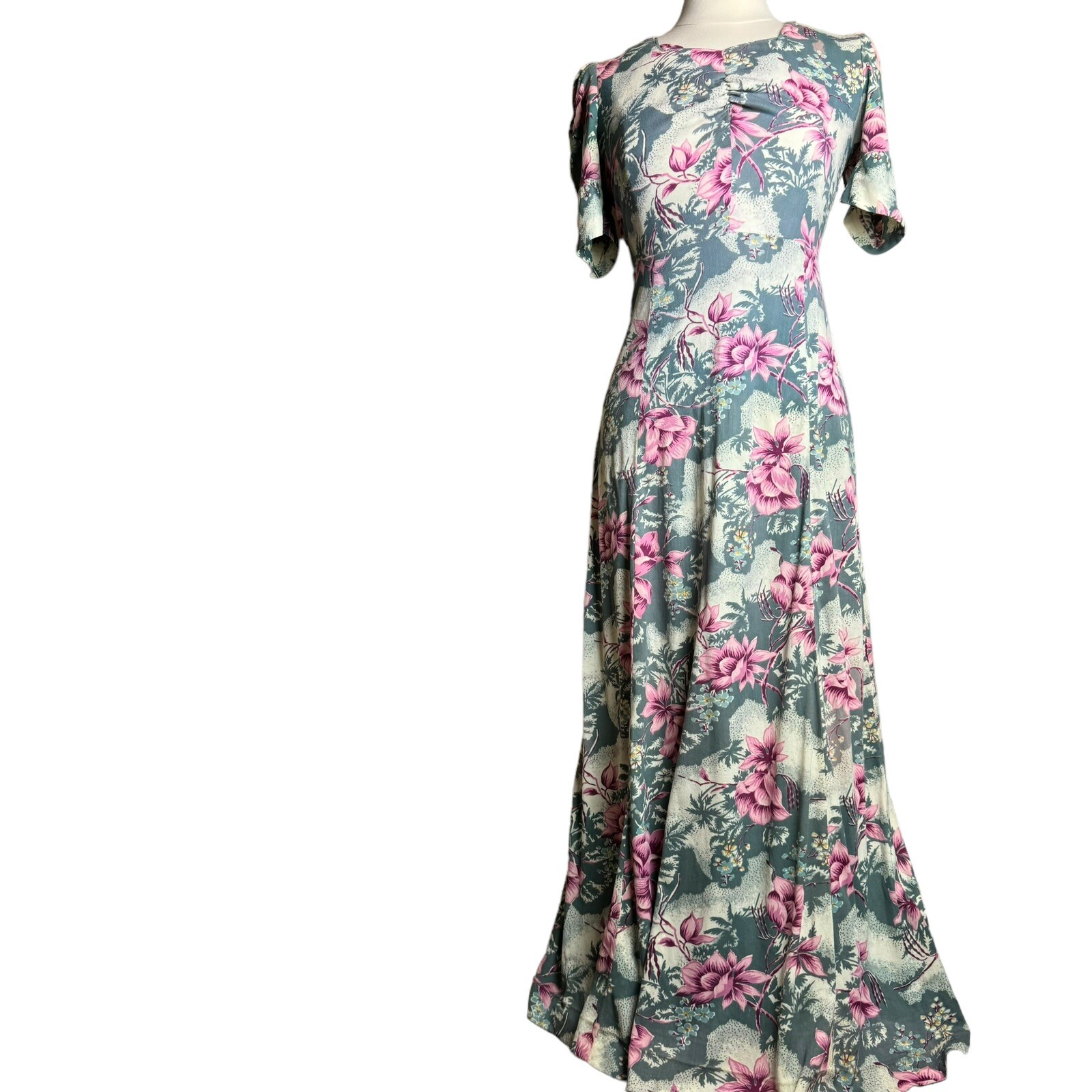 Vintage 70s Maxi Dress Hawaiian Tropical Short Sleeve Juniors Sz 11 Floral READ