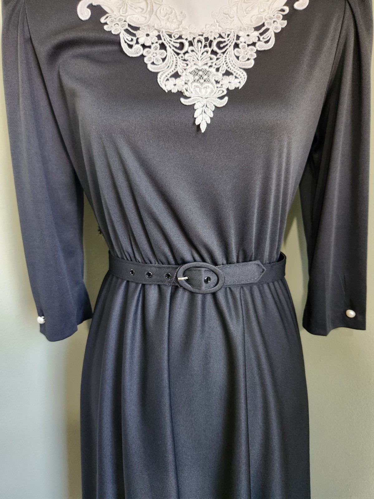 Vtg 80s 40s Whirlaway Frocks Black White Lace Collar Midi Dress Twirl Belted 6 P