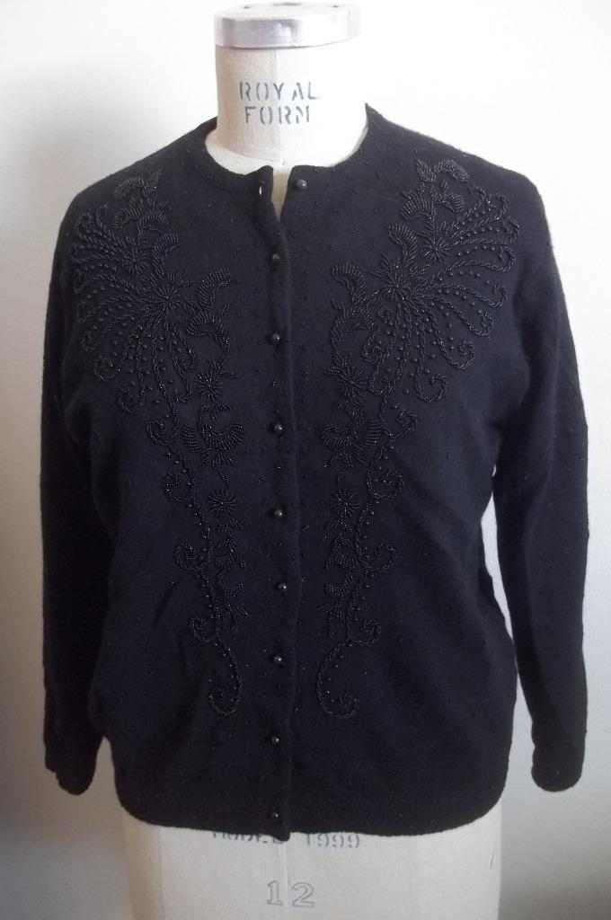 Vintage 50’s Black Beaded Floral Print Cardigan Sweater 44