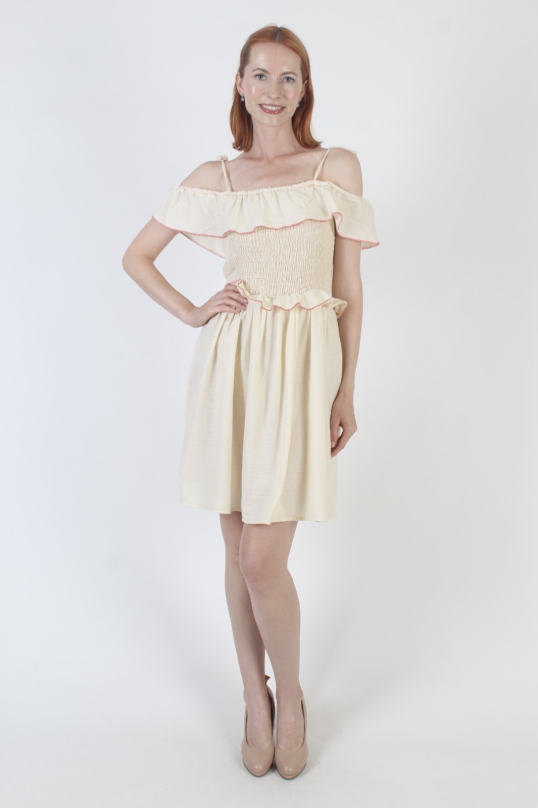 Vtg 70s Shoulder Tie Smocked Mini Dress Ruffle Capelet Unicolor Boho Sundress