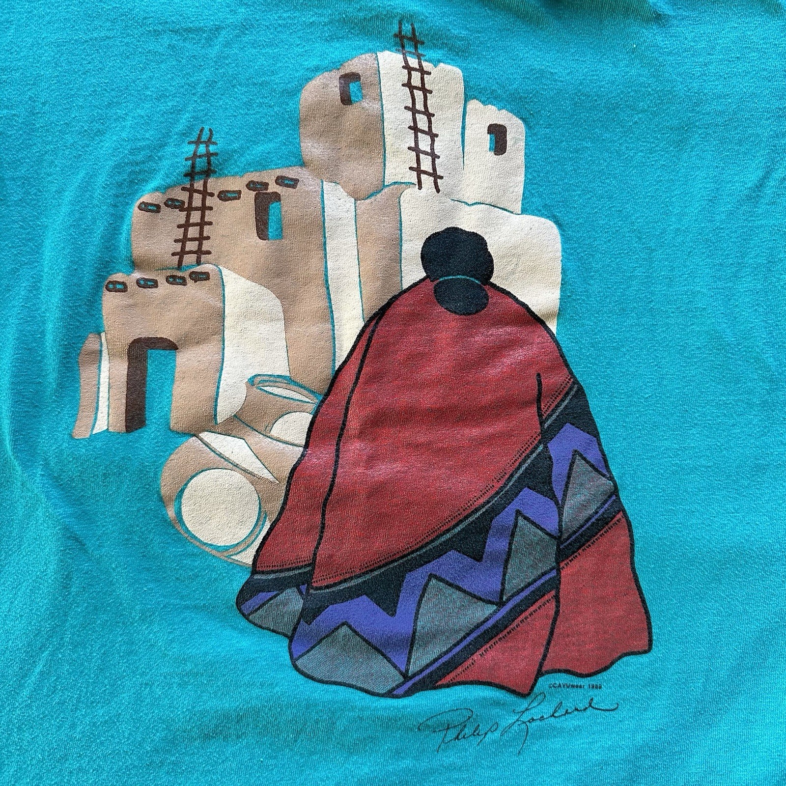 Vintage 80’s Philip Lockard Southwest Pueblo Indian Art Design. Single Stitch. L