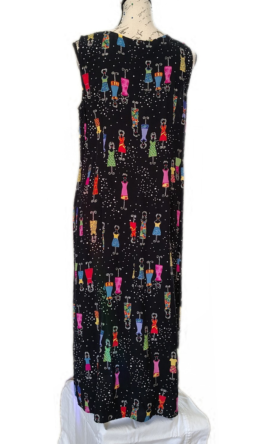Vtg 90s Carol Anderson Petites Rayon Shift Dress L Figurative Art Novelty Print