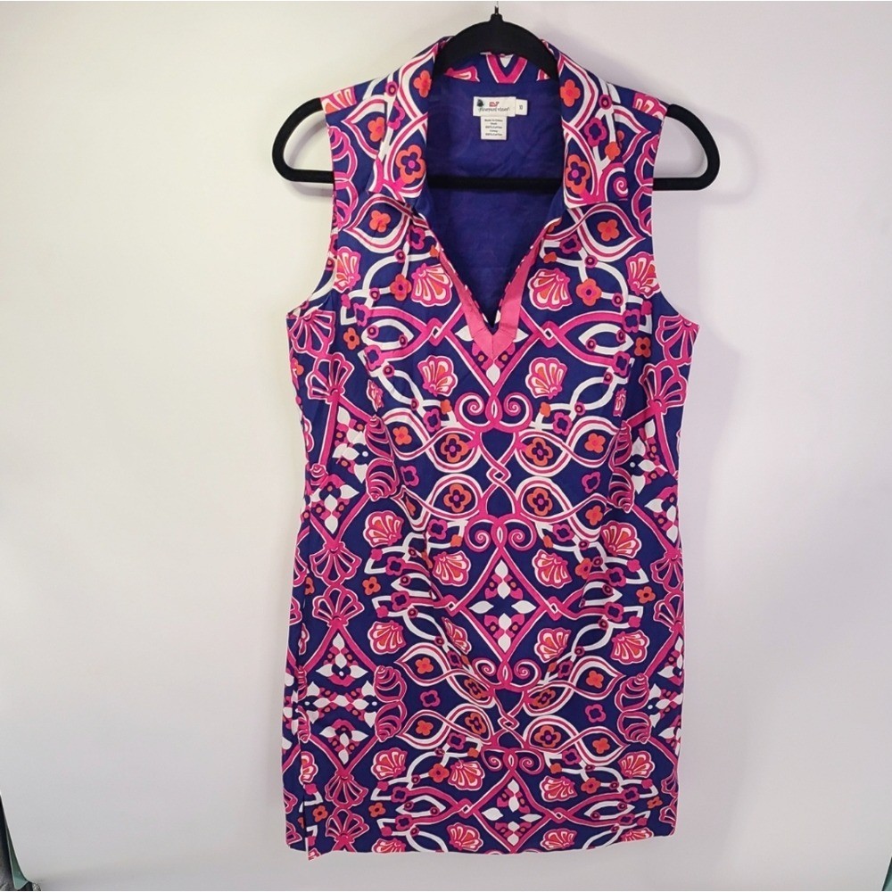 Vineyard vines pink purple white cotton v neck aztec print midi dress size 10