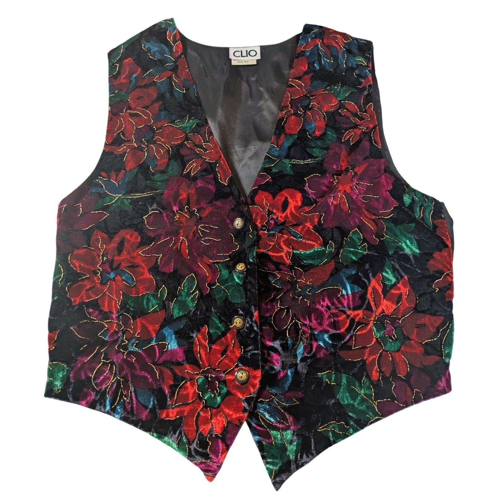 90s Vintage Velvet Vest Jewel Tone & Black Moody Florals Gold Thread M fits S