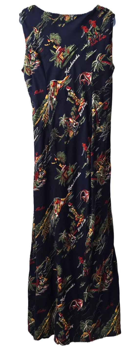 Vintage Hilo Hattie Maxi Dress 16 XL Island Palm Tree Print Navy Hawaiian Beach