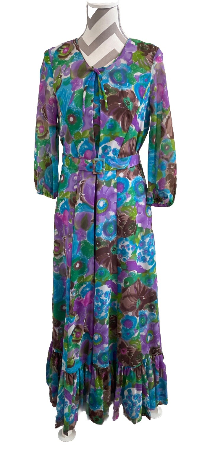 Vintage Floral Gown Blue Green Watercolor Chiffon Dress 60s 70s Size: XS S