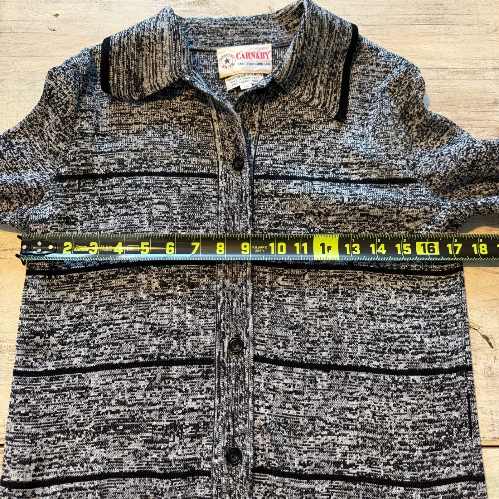 Vintage Carnaby Knit Fashions Grey Marled Striped Wool Blend Cardigan Size 14