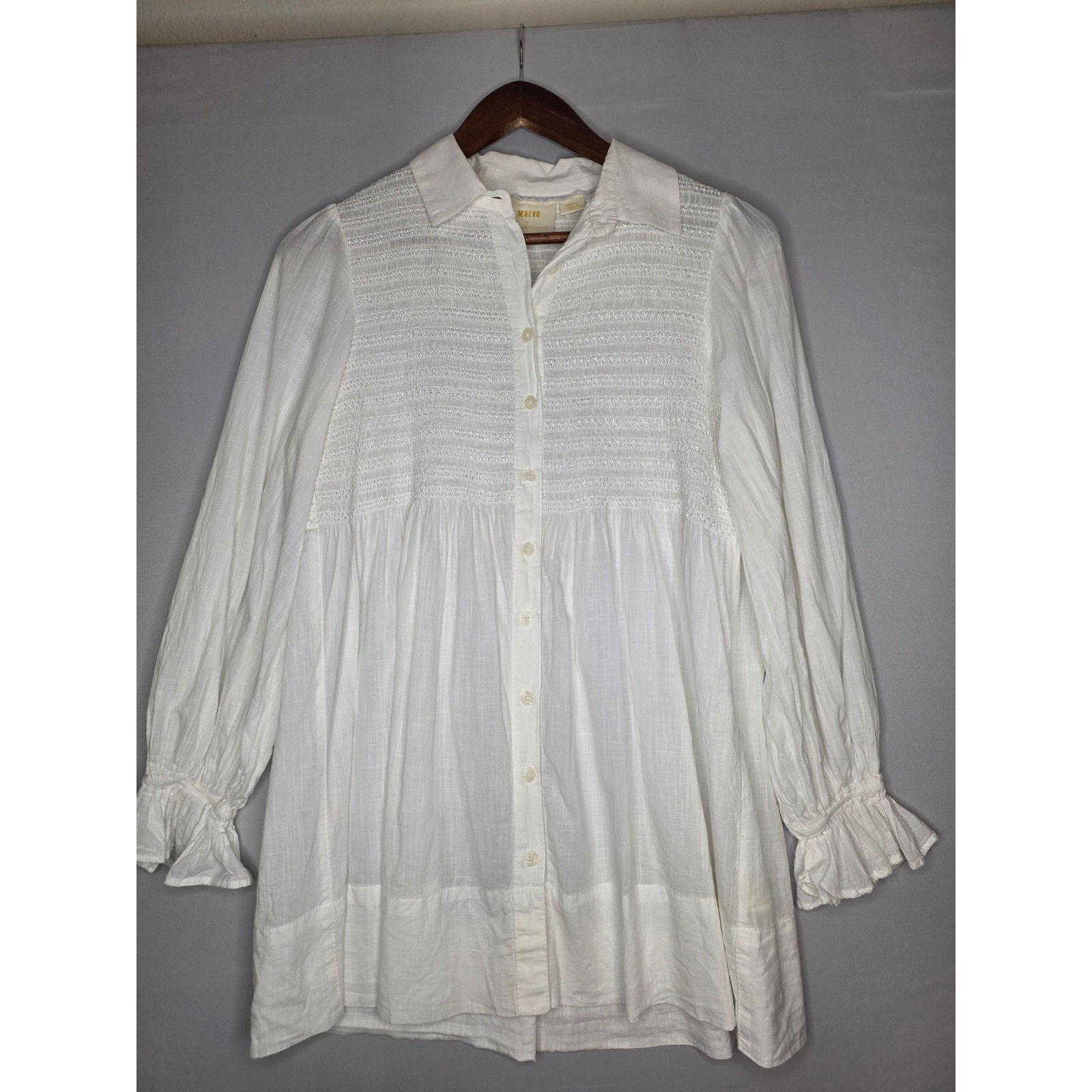 Anthropologie Maeve Vicki Smoked Tunic White Ruffle Sleeve Size Small Button up