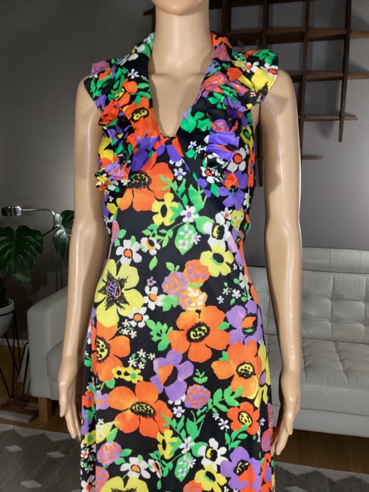 Vintage 70’s Joseph Magnin Bright Floral Flower Power Ruffle Halter Maxi Dress