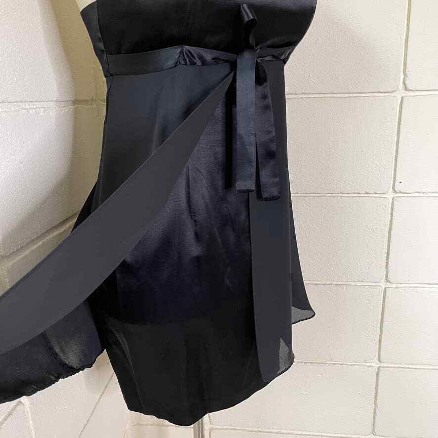 Vintage 90s Black Satin Babydoll Mini Dress Wrap Sleeveless Boulevard De Paris M