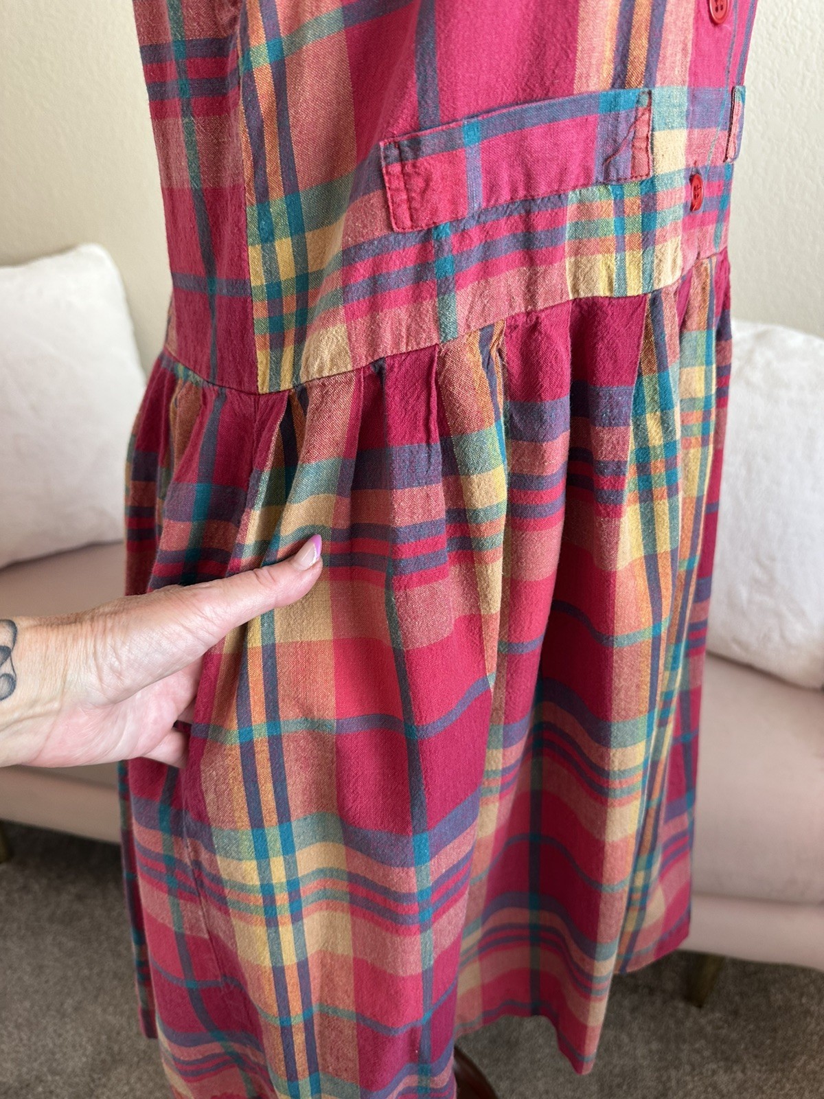 Vintage 80s Midi Dress Plaid Cotton Womens S Drop Waist Button Back Cottagecore