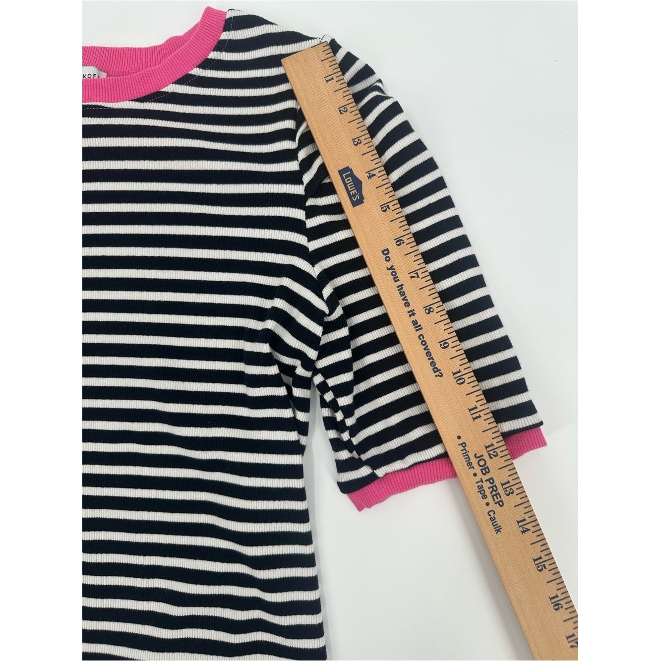 Rebecca Minkoff Ribbed Striped Puff Sleeve Top Large Black White Pink Cotton Str