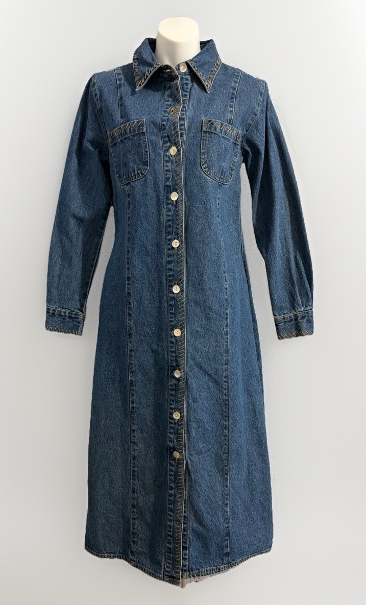 Vtg REAL COMFORT Denim Dress PS Maxi Long Sleeve Collared Button Casual Modest