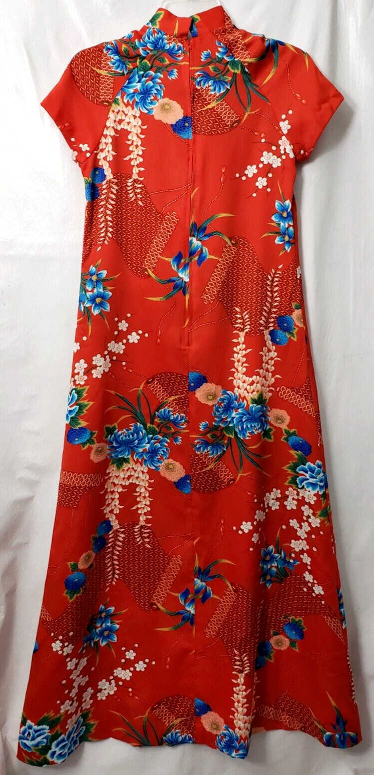 Hilo Hattie Hawaiian Dress 6 Maxi Asian Mandarin Collar Floral Red Vintage 70s