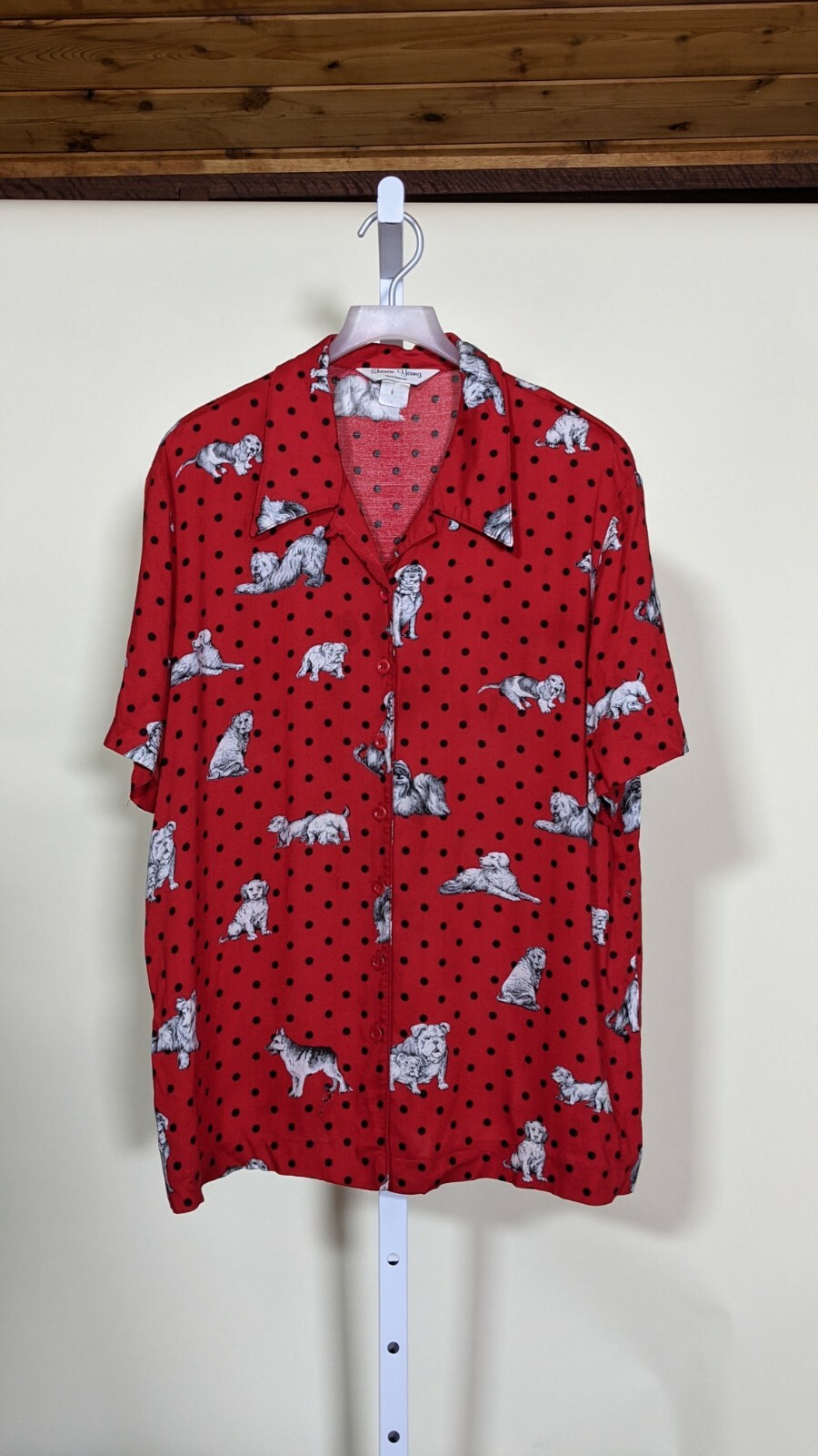 Sharon Young Vintage 80s Rayon Loopneck Dog Red Polkadot RockabillyShirt 10 USA