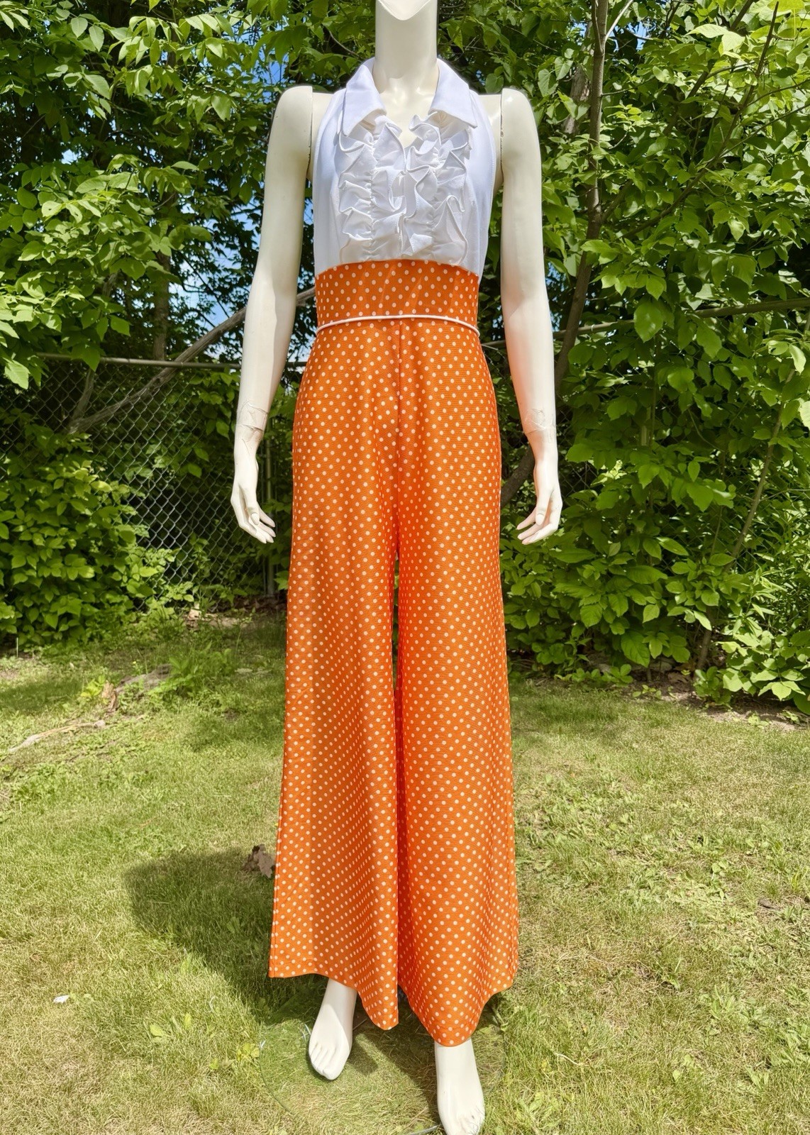 1960s 1970s BELL BOTTOM JUMPSUIT Vintage Romper Polka Dot Tuxedo Halter White
