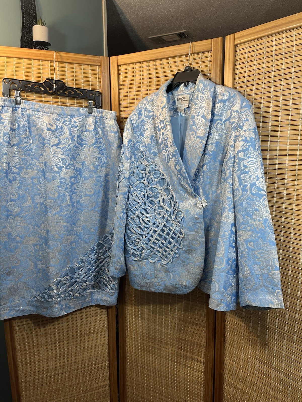 VTG Sundays by Nubiano Baby Blue Long Sleeve Jacket & Skirt 2 Piece 16W