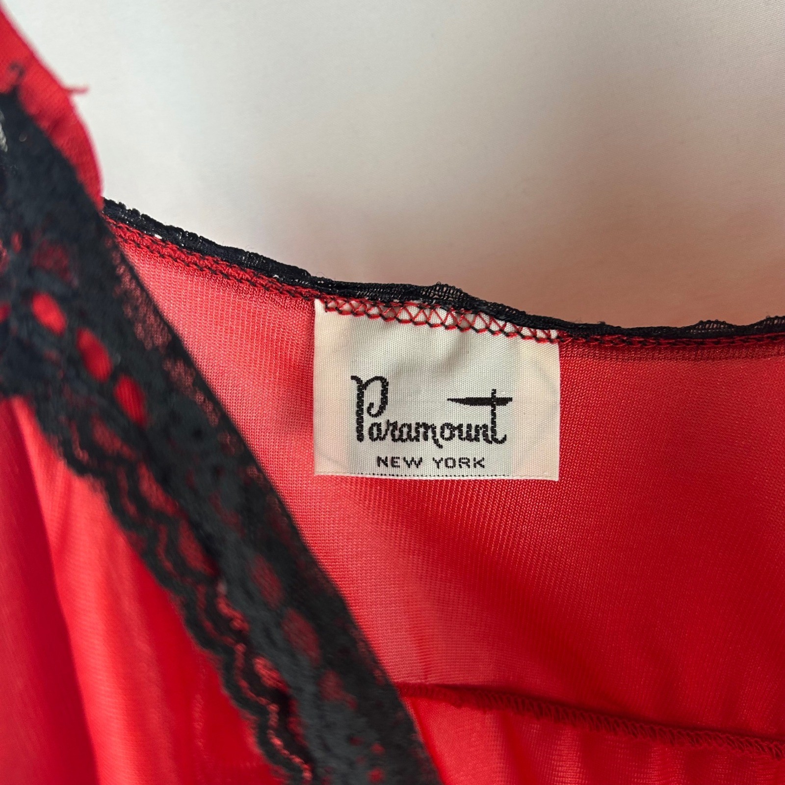 Vintage Paramount New York Red Satin Nightgown Black Lace Trim Maxi Slip Dress