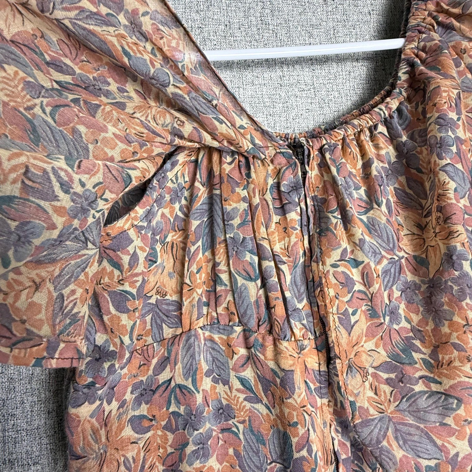 Vintage 70s Samuel Blue Floral Brown Ruffle Midi Dress Small Cottagecore Boho