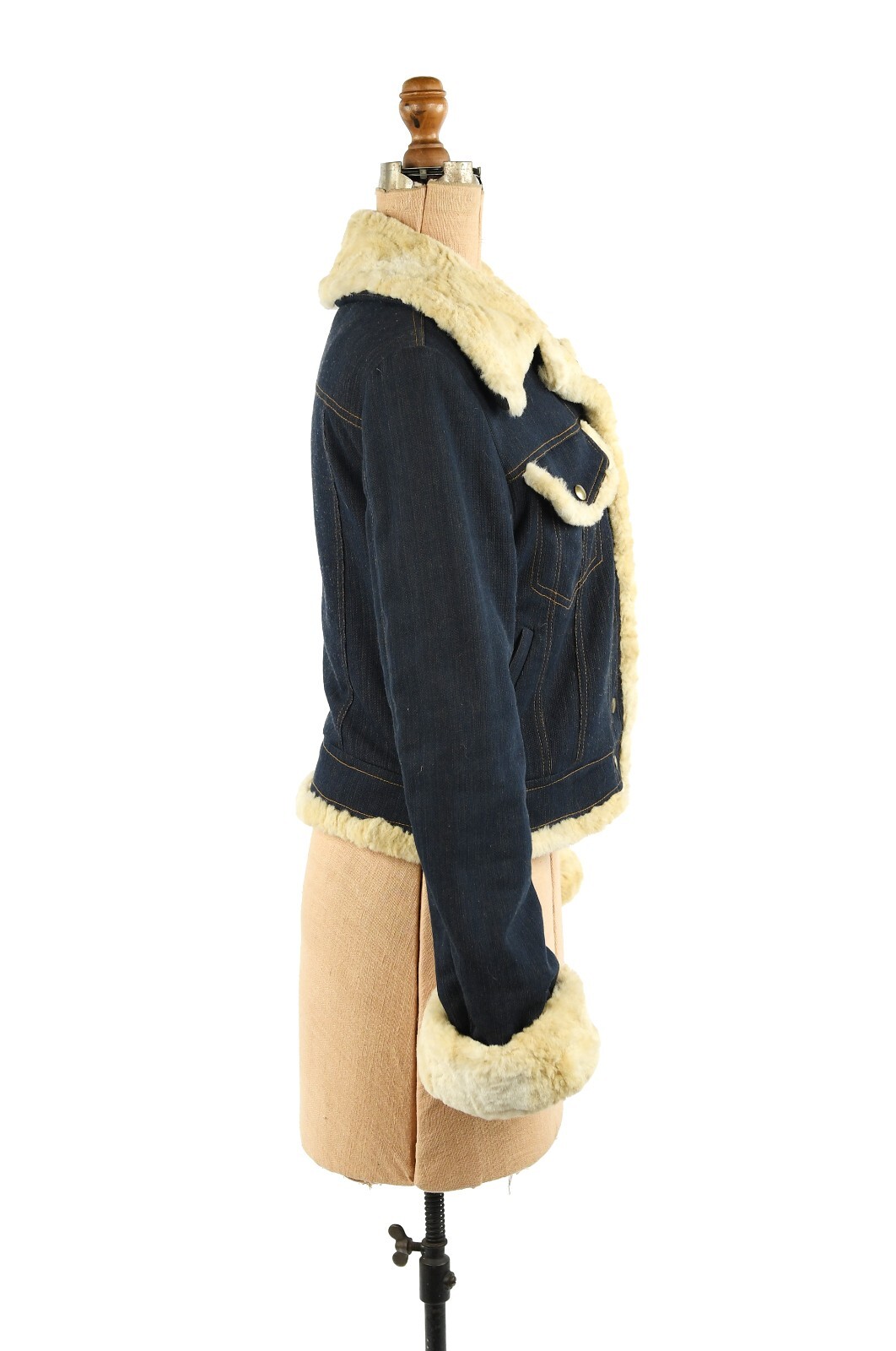 Vintage 90s French Dark Denim Faux Sherpa Princess Trim Bomber Coat Y2K Jacket M