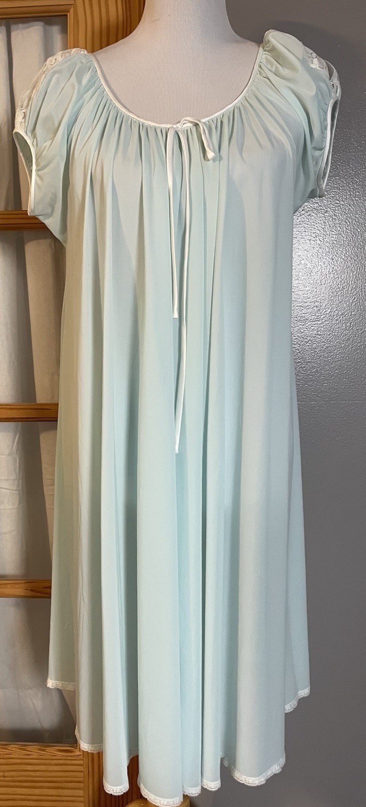 Vtg 90s Eve Stillman Nightgown Dress Sz M Blue Sheer Floral Lace Trim Classic