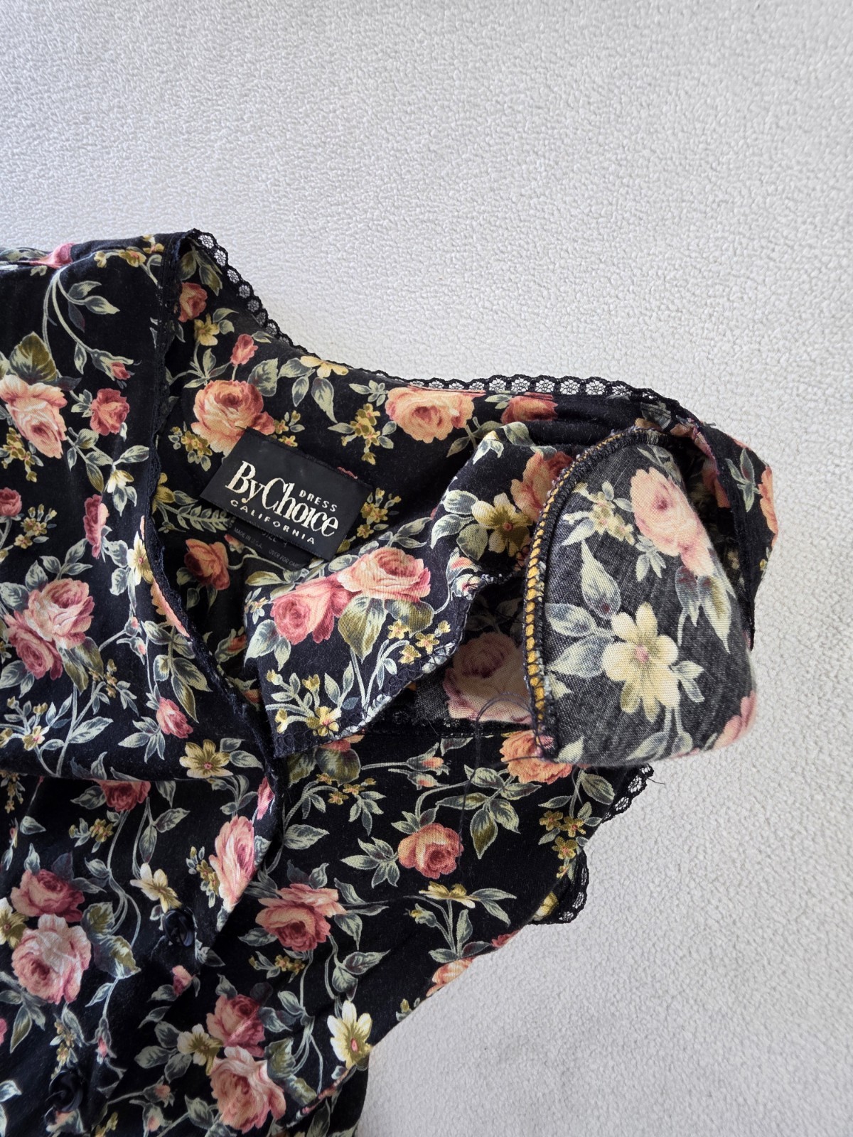 Size XS- Vintage 90s By Choice California Floral Rayon Dress Black Rose Mini