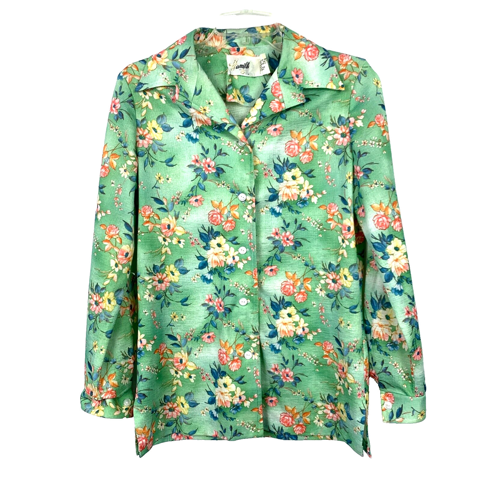 Vintage 60s Hamilton 8 Dallas Floral Gauze Button Long Sleeve Shirt Women 36