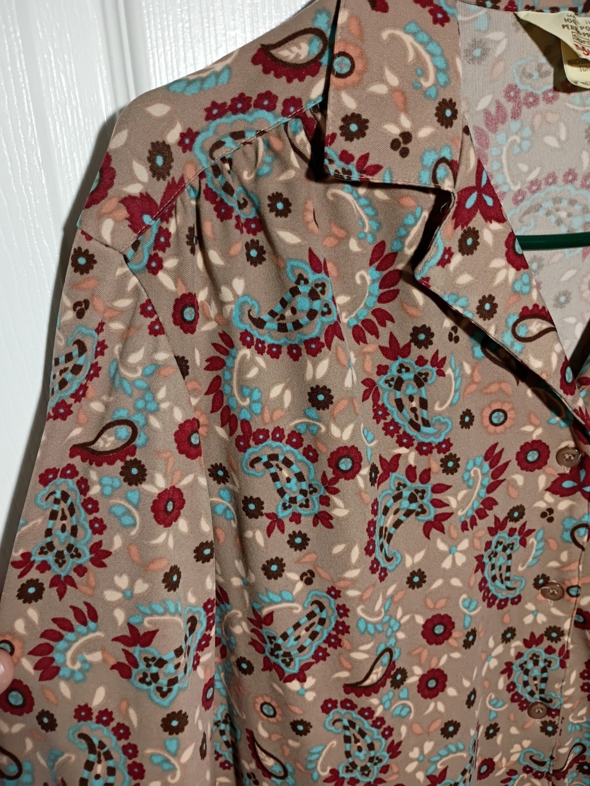 Sears The Fashion Place Vintage LS Brown Paisley Collared Button Blouse 40/L