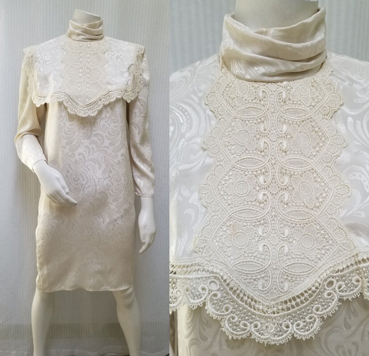 Vintage 80/90s NILANI Ivory Silky Jacquard DRESS with Crochet Lace – Size S -EUC