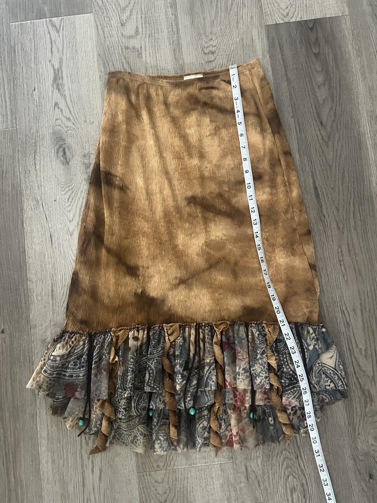 Vintage Punky Girl USA Bohemian Brown and Blue Ruffle Beaded Skirt L