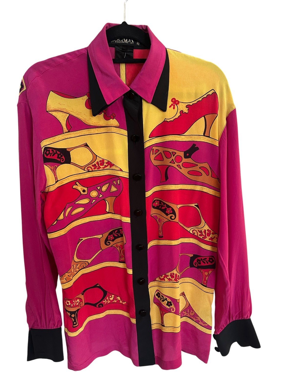 Vintage 90s Escada Silk Shoe Print Shirt Margaretha Ley Pink rare Germany