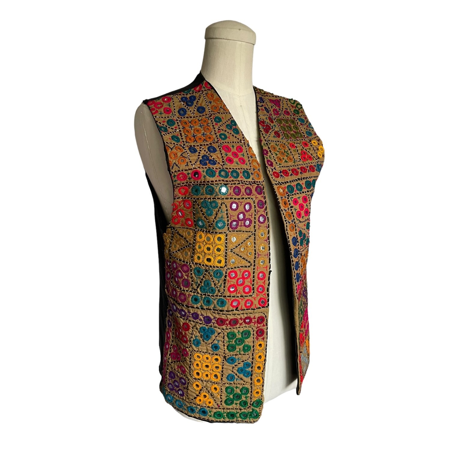 Vintage Multicolor Ethnic Look Mirror Work Embroidered Colorful Brown Black Back