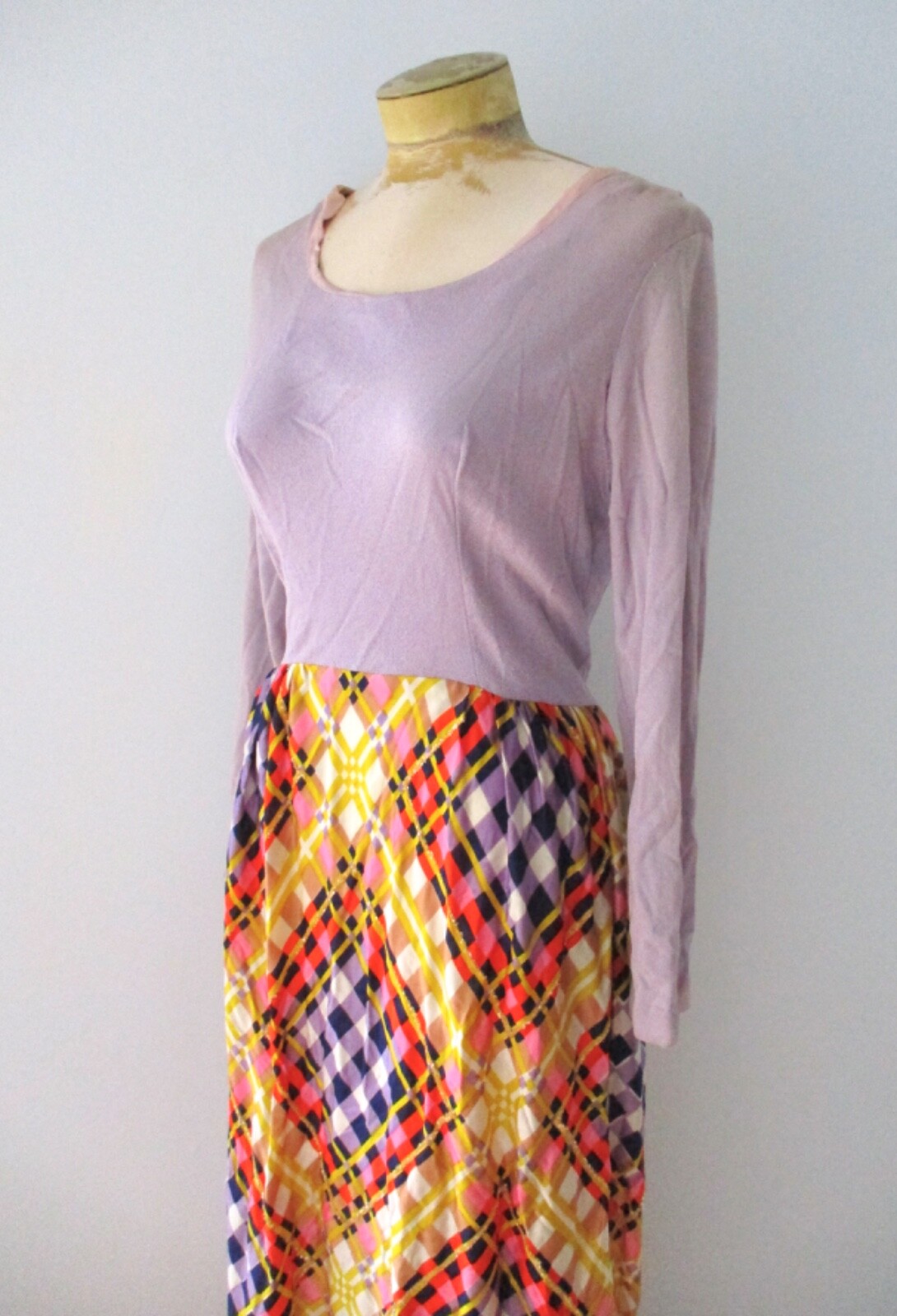 Vtg 70s purple pink diamond sparkly ribbon trim silky knit hostess maxi dress 14