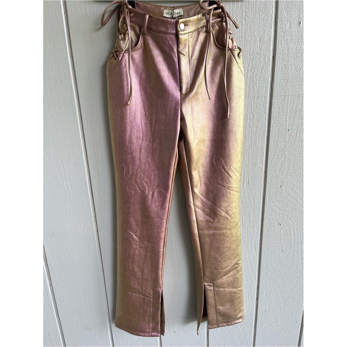 NWT NICHOLAS Metallic Pink Rose Faux Leather Lace Up Valeria Pant in Size 6