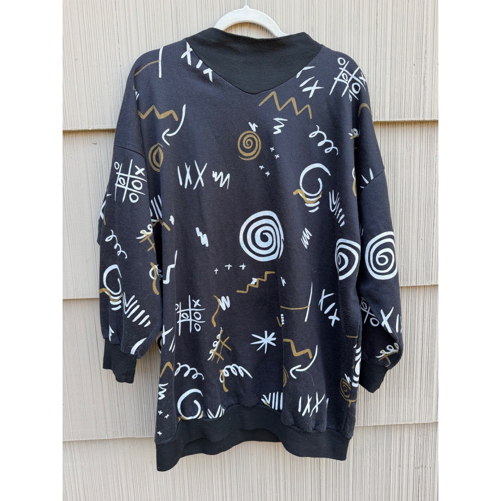 Vintage 80s Memphis Art Abstract Doodle Sweatshirt XL Black Made in Italy Tunic