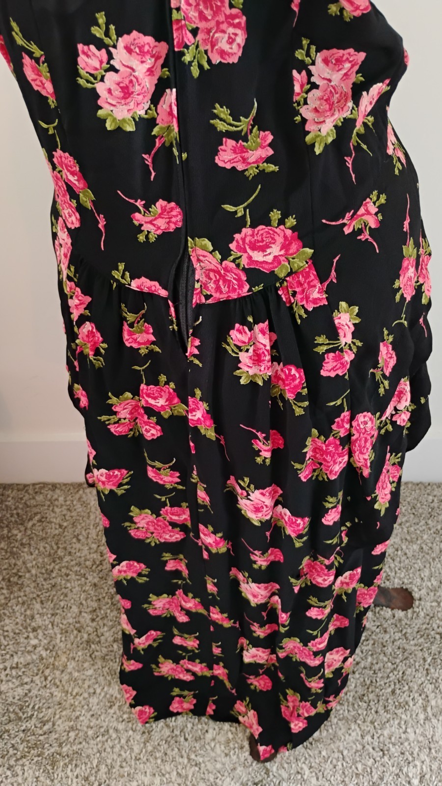Vtg 80s Floral Print Dress Cap Sleeves Shoulder Pads Peplum Maxi Skirt 8/10