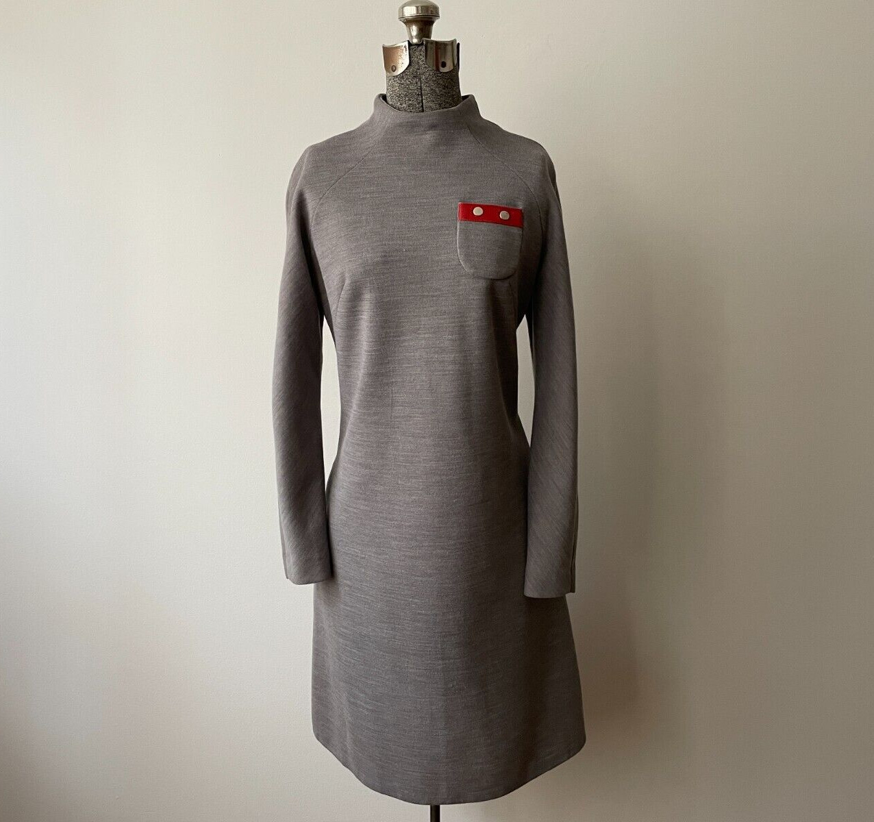 Vintage 1960s Judy Wayne Mod Dress, Super Fine Wool, Funnel Neck & Suede Trim, S
