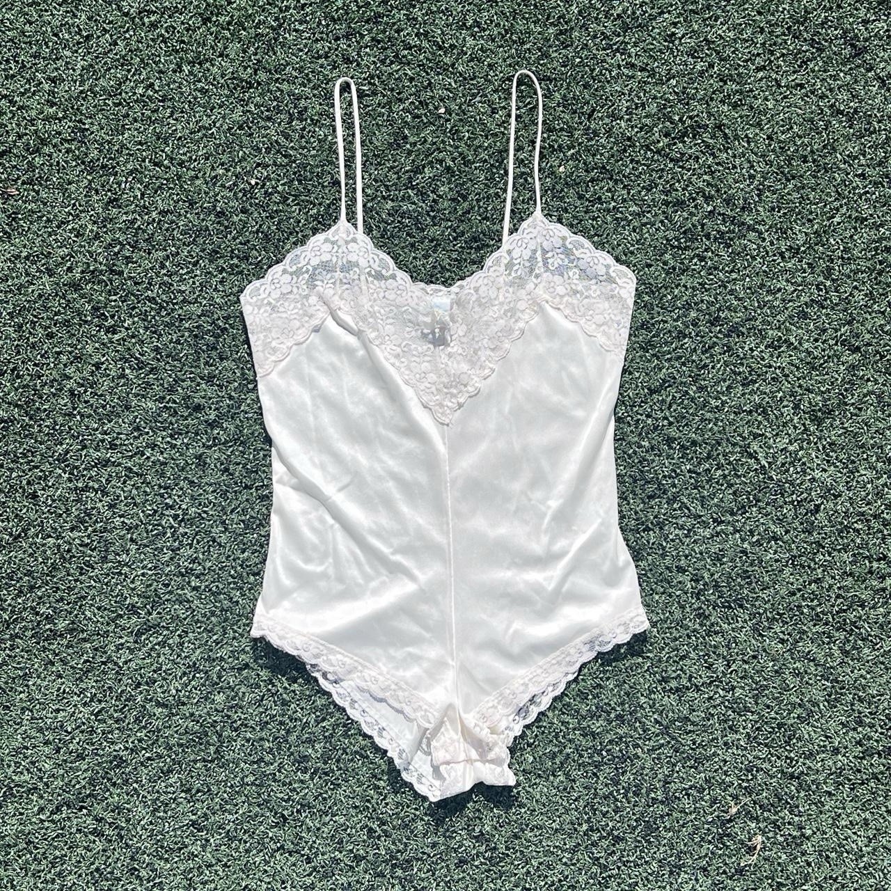 Vintage 80s Cream Colored Lace Bodysuit Slip with Floral Applique