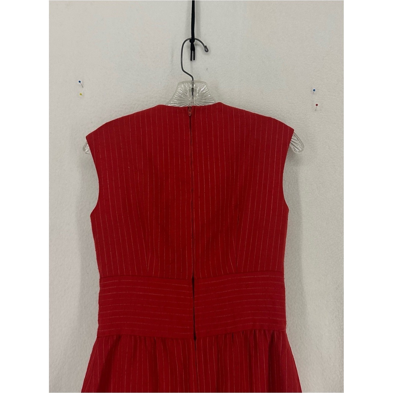 Vintage DW3 Red Pinstripe Wrap Sheath Midi Dress Women’s Size Small