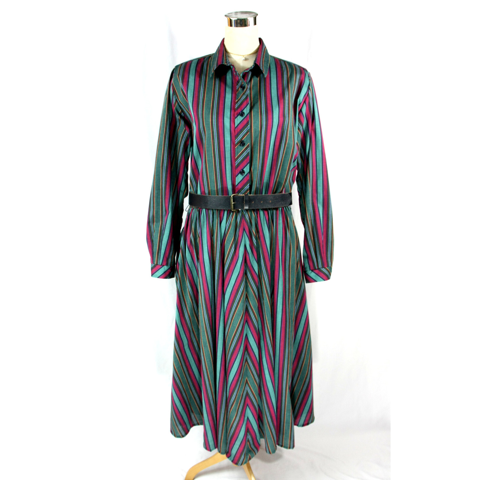 Vintage EJM Limited Striped Belted Blouson Shirtwaist Career Dress 10 1980s