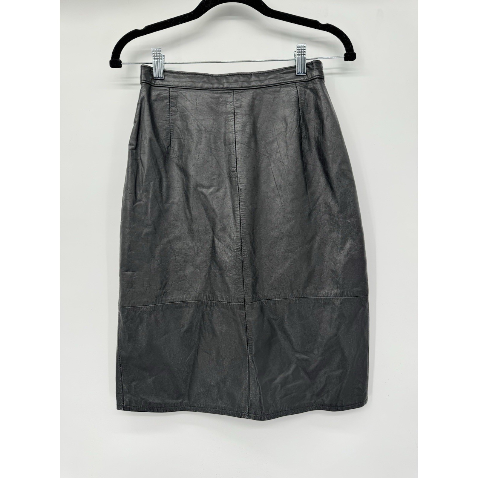 VTG HANDMADE Black Skirt 100% Genuine Leather Back Zipper Vent Made in Argentina