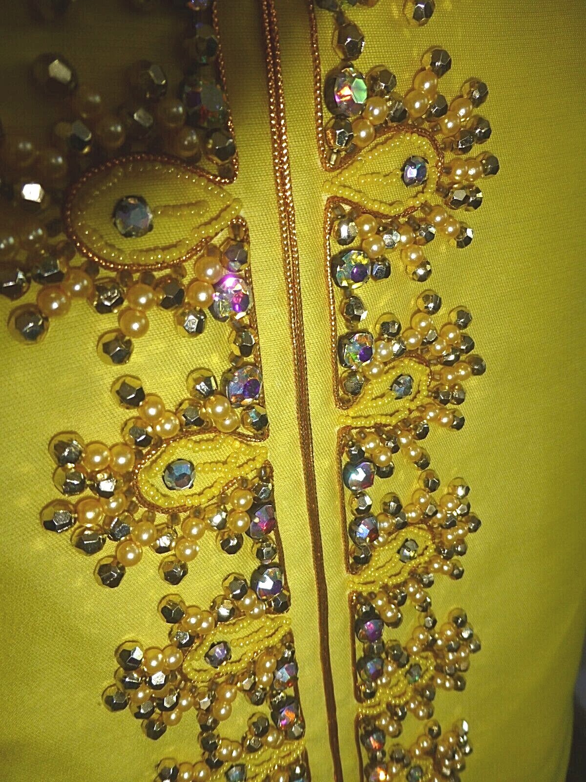 Vtg 60s Yellow Silk JEWELED Rhinestones Pearl Embroidery Cocktail Wedding Dress