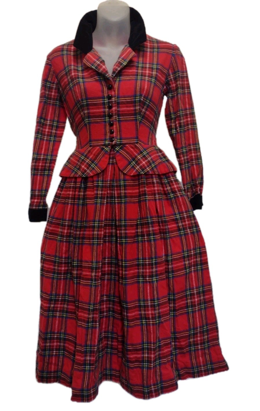 Vintage Petite Lanz Red Plaid Flannel Dress Peplum Corduroy Tartan 80s USA