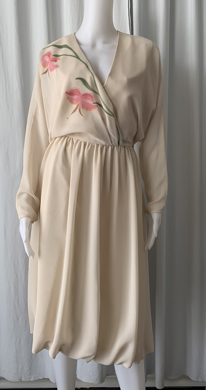 Vintage 60s Lee Jordan Chiffon Beige Faux Wrap Dress With Floral Embellishment