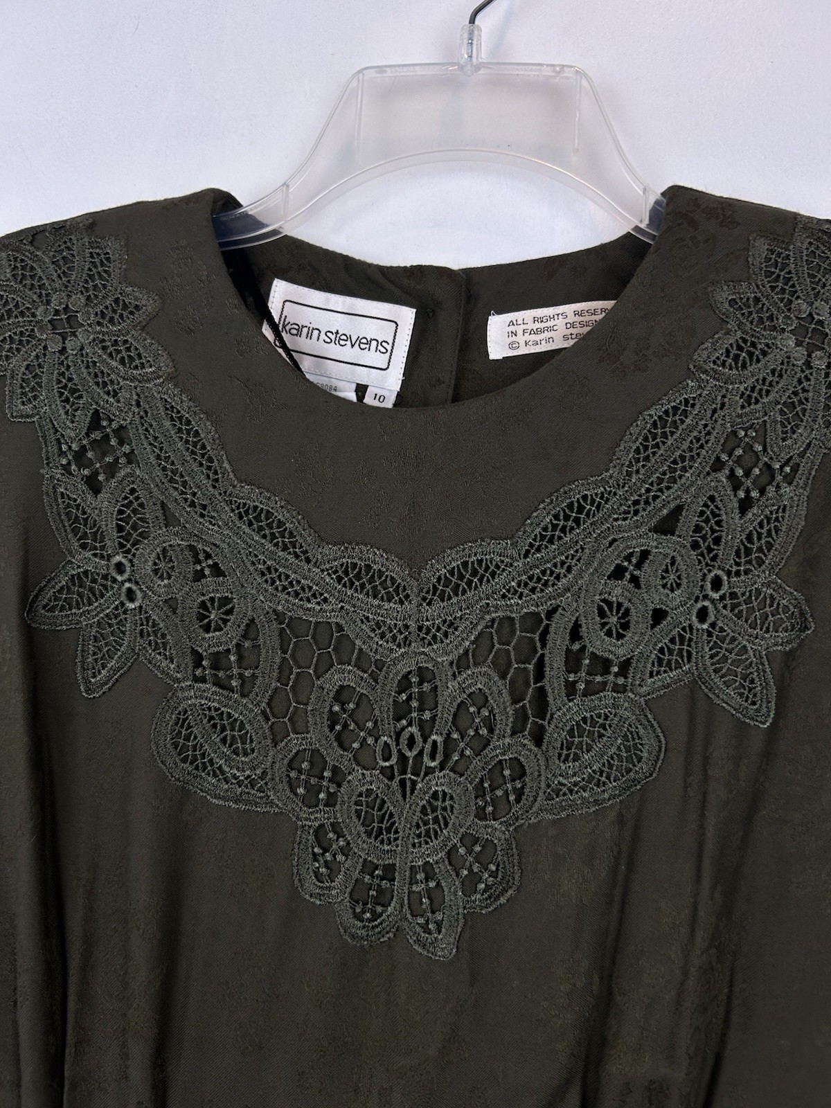 80s Vintage Dress Green Tapestry Print Midi Lace Collar Read